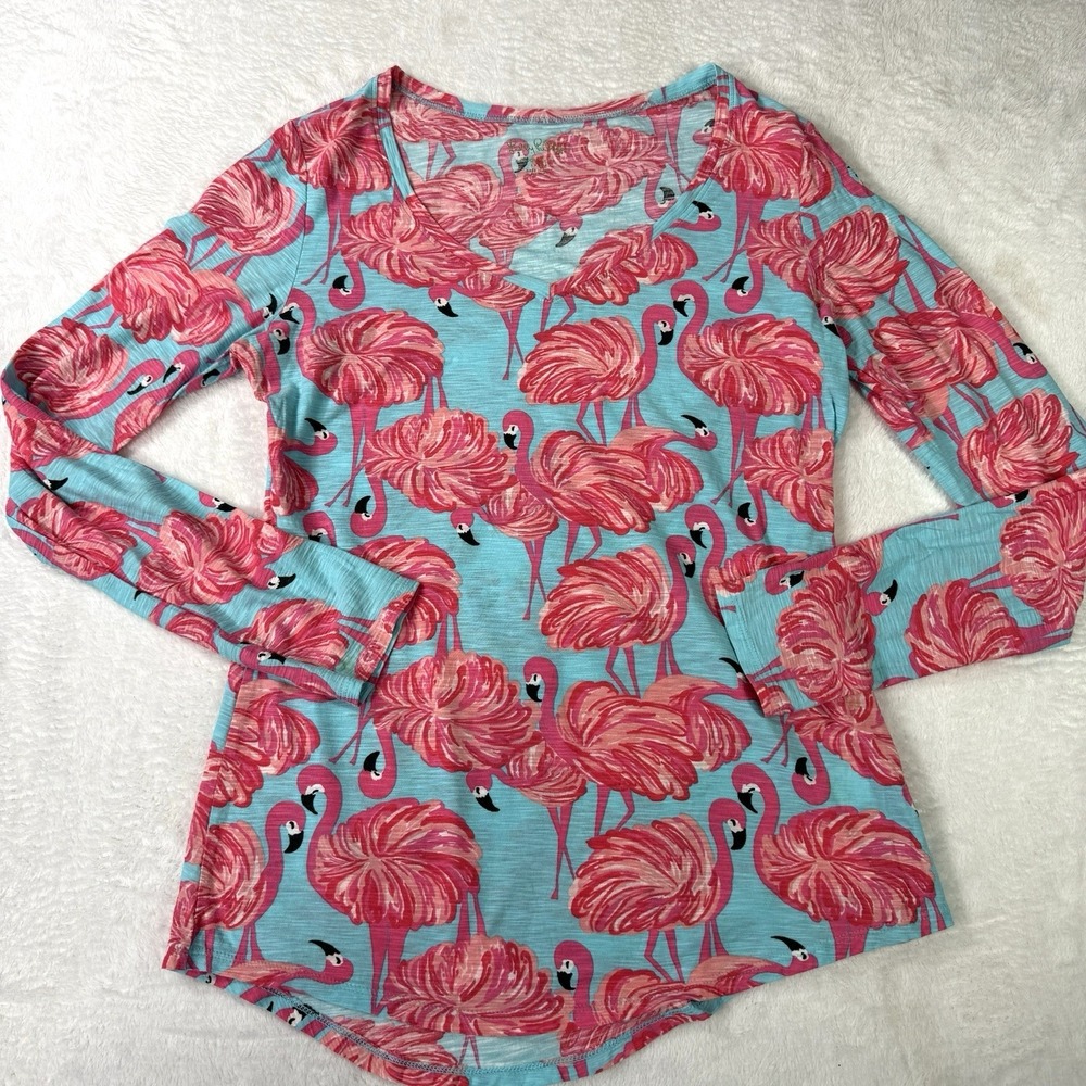 Lilly Pulitzer Women's L Amanda Long Sleeve V‎ Neck Shirt Flamingo AOP Shorely